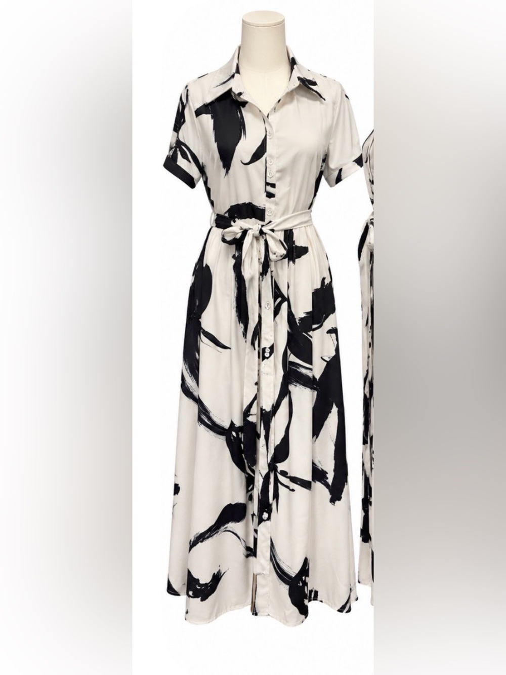 Fashion Nova Black & White Abstract Print Belted Midi Shirt Dress Size M
